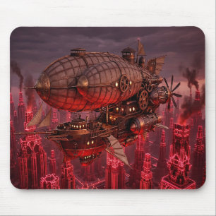 Steampunk-luftskepp flygande ovanför staden musmatta