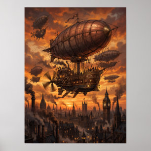 Steampunk-luftskeppsflotta Victoriaskt stadsnedgån Poster