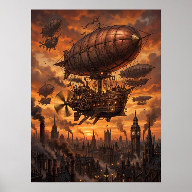Steampunk-luftskeppsflotta Victoriaskt stadsnedgån Poster (Framsidan)