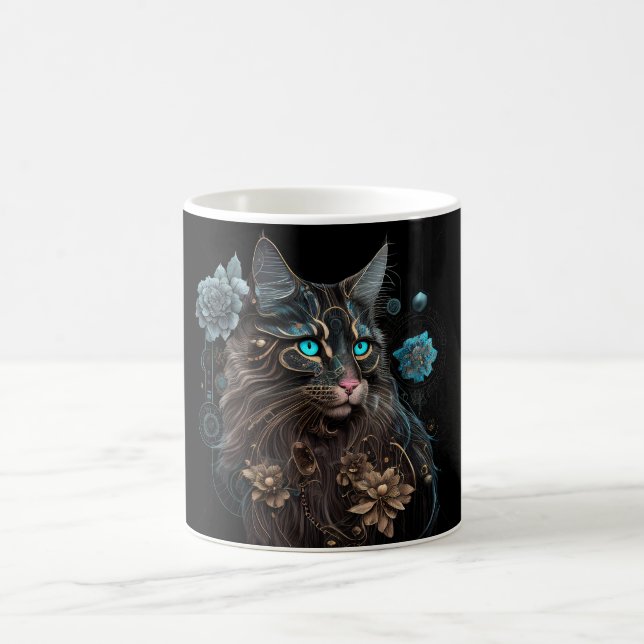 Steampunk magi Maine Coon cat and blommor AI art. Kaffemugg (Center)