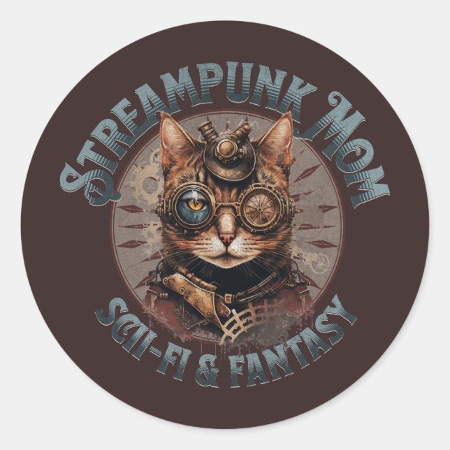 Steampunk Mamma Cat Runt Klistermärke (Framsida)