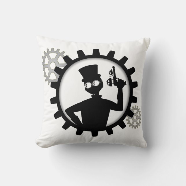 Steampunk Man Holding Gun i växellåda Kudde (Framsida)