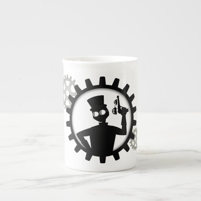 Steampunk Man Holding Gun in Gear Benporslin Mugg (Framsidan)