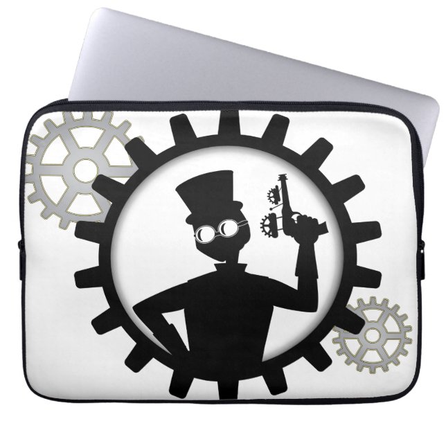 Steampunk Man Holding Gun in Gear Laptop Fodral (Framsidan)