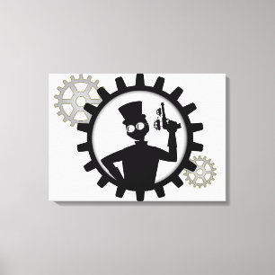 Steampunk Man Holding Gun in Gear Wrapped Canvas