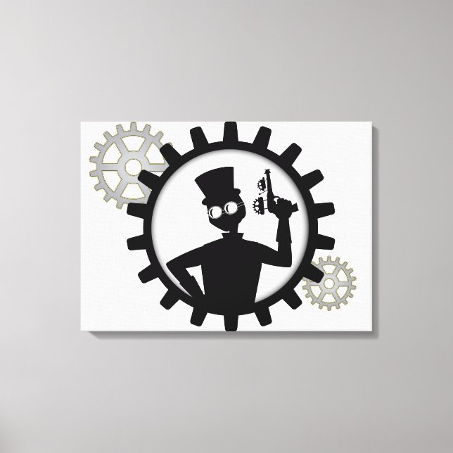 Steampunk Man Holding Gun in Gear Wrapped Canvas (Framsida)