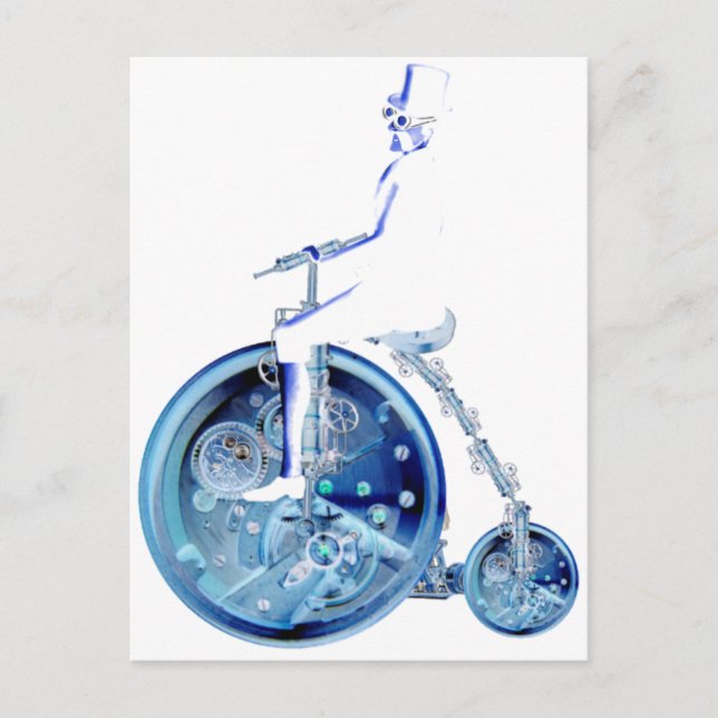 Steampunk man på penny farthing blue white neon vykort (Framsida)