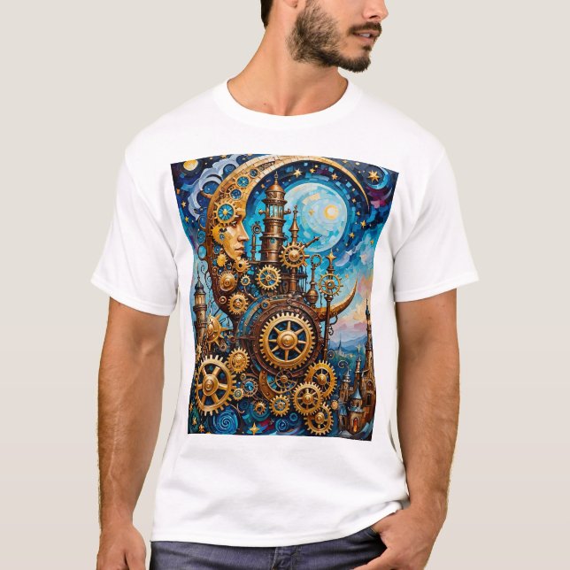 Steampunk Måne T-Shirt Fantasy Gears Artworks (Framsida)