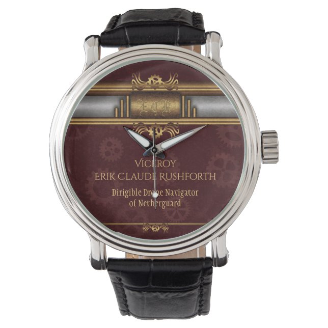 Steampunk, mässing on marroon gearjul, Monogram Armbandsur (Framsida)