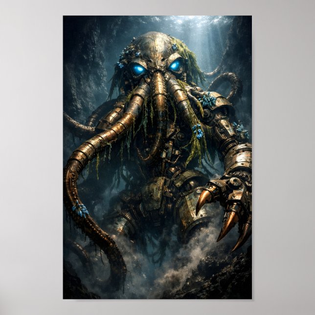 Steampunk Mecha Kraken Djuphavskonst Poster (Framsidan)