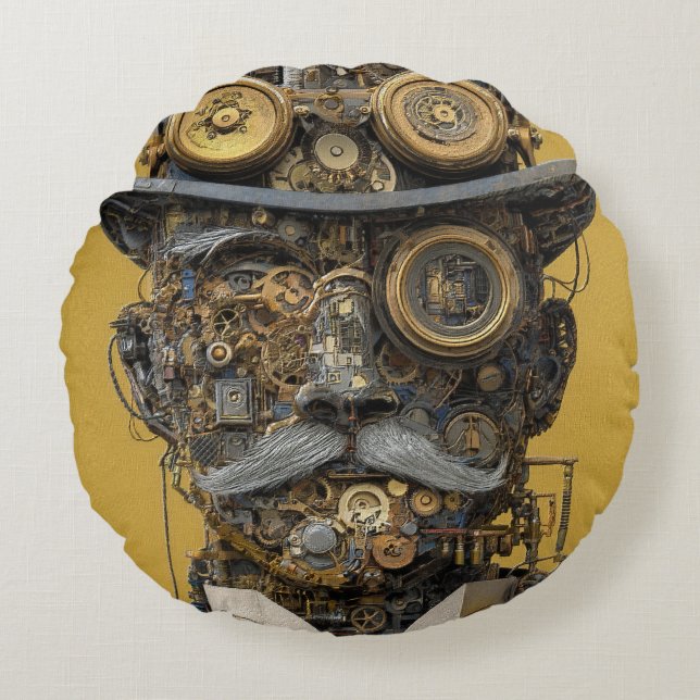Steampunk Mechanical Gentleman Rund Kudde (Framsidan)