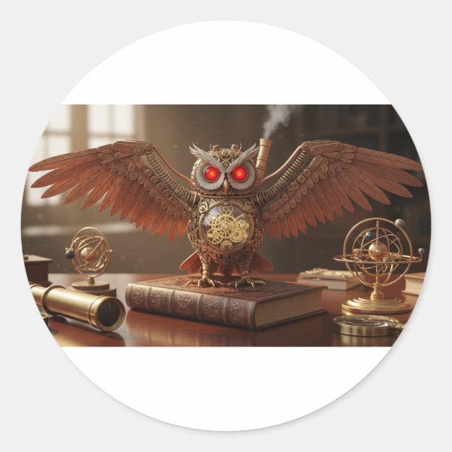Steampunk Mechanical Uggla Runt Klistermärke (Framsida)