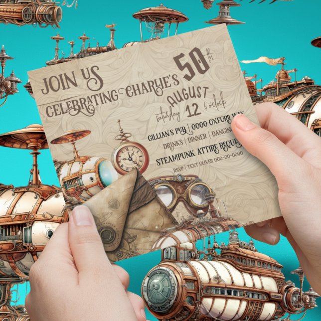 Steampunk med Blimps Kartor Goggles Firande Inbjudningar (Chic industrial steampunk collage with airships and goggles on customizable party invitations. )