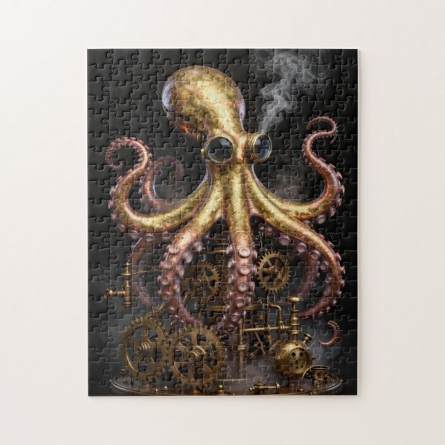 Steampunk Mekanisk Bläckfisk på Kugghjul Konst Pussel (Vertikal)