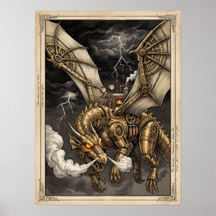 Steampunk Mekanisk Drak Bronsväxlar Viktoriansk Poster