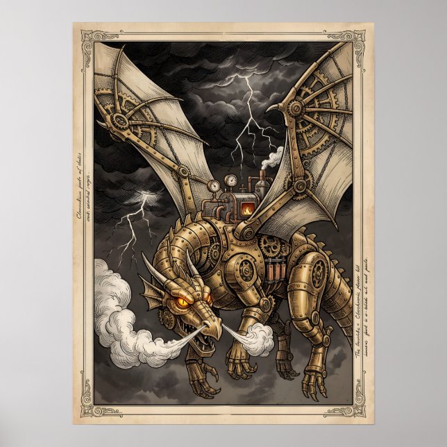 Steampunk Mekanisk Drak Bronsväxlar Viktoriansk Poster (Framsidan)