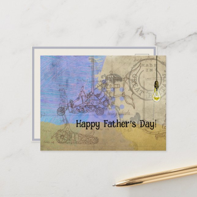 Steampunk Mekanisk Edison Light Bulb Architect Vykort (Fram/Back In Situ)