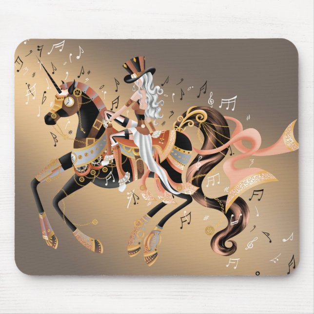 Steampunk Mekanisk Häst & Dam Kaffe Guld Musmatta (Framsidan)