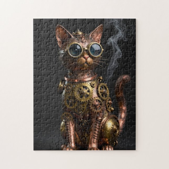 Steampunk Mekanisk Katt Porträtt Pussel (Vertikal)