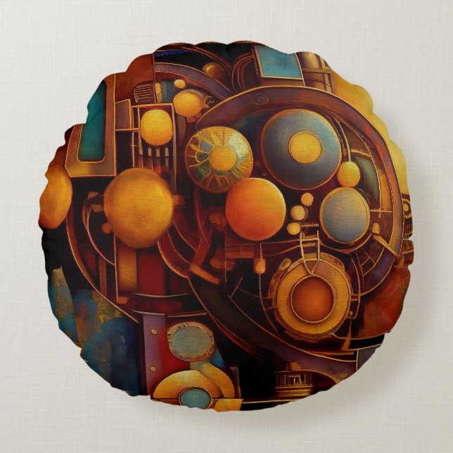 Steampunk Mekanisk Orb Komposition Rund Kudde (Framsidan)