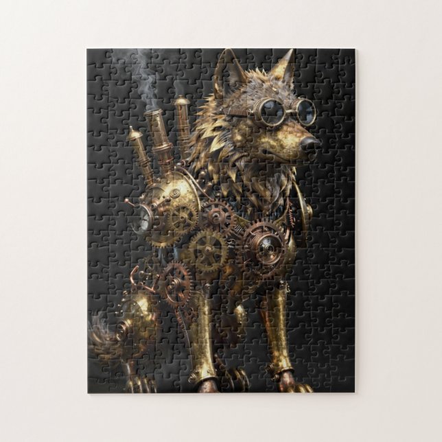 Steampunk Mekanisk Sittande Varg Konst Pussel (Vertikal)