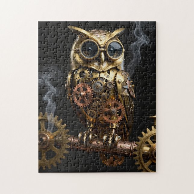 Steampunk Mekanisk Uggla på Urverk Gren Konst Pussel (Vertikal)