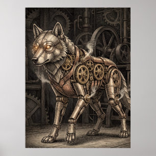 Steampunk Mekanisk Varg Mässing Kugghjul Viktorian Poster