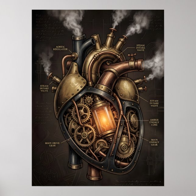 Steampunk Mekaniskt Hjärtas Anatomiska Ritning  Poster (Framsidan)