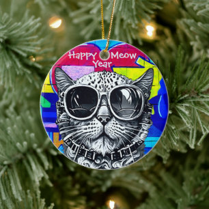 Steampunk Meow Year Delight: Coola Cat with Shades Julgransprydnad Keramik