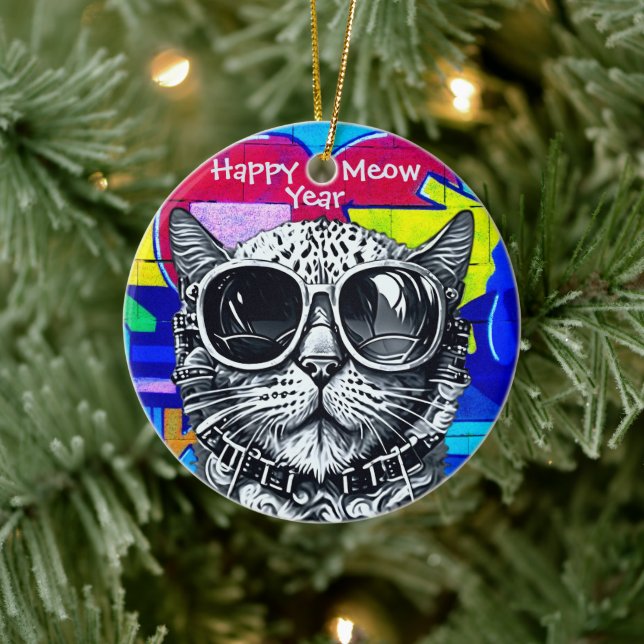 Steampunk Meow Year Delight: Coola Cat with Shades Julgransprydnad Keramik (Träd)
