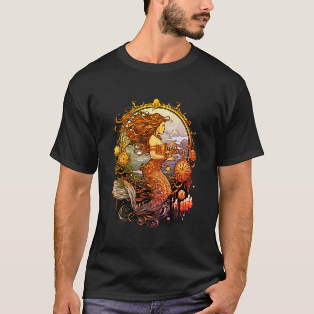 Steampunk Mermaid Image on a Black SS T-Shirt (Framsida)