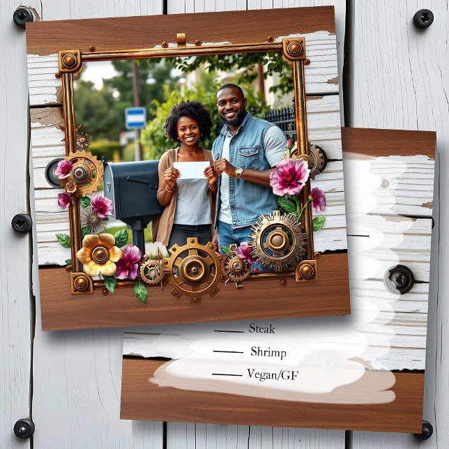 Steampunk Metall & Wood Personlig Bröllop OSA Spara Datumet (Skapare uppladdad)