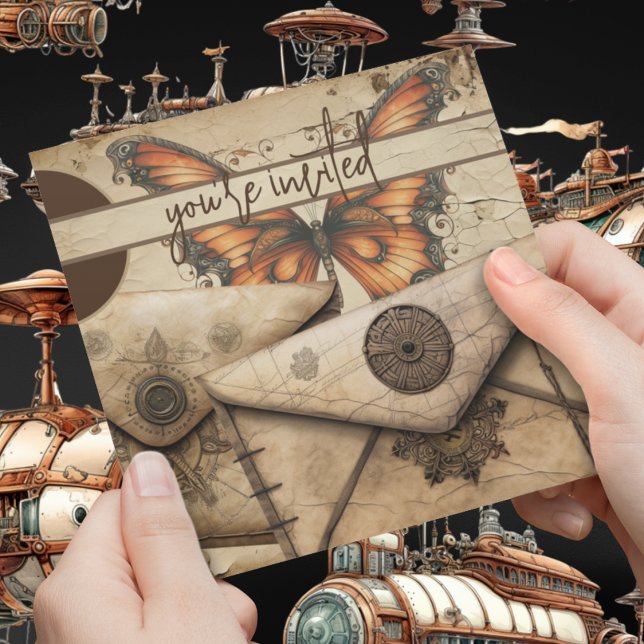 Steampunk | Monarch Butterfly | Läderfödelsedag Inbjudningar (Steampunk victorian monarch butterfly and secret leather envelope on customizable invitations. )