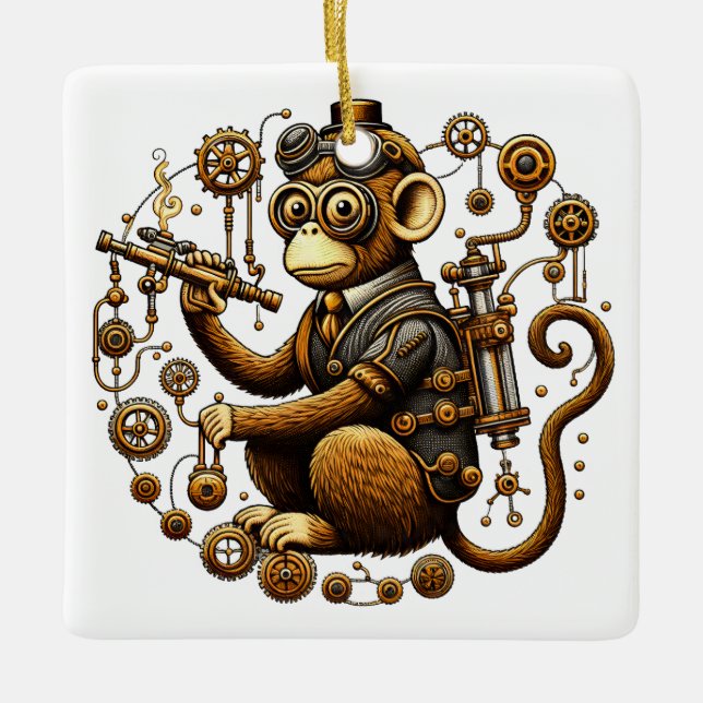 Steampunk Monkey med Ray Gun Julgransprydnad Keramik (Framsida)