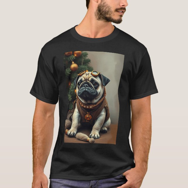 Steampunk Mops Hund Porträtt II T Shirt (Framsida)