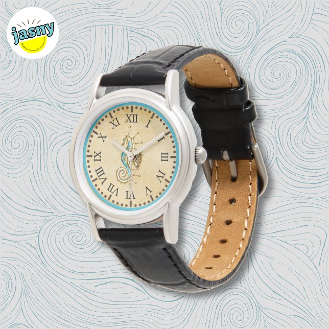 Steampunk Nautical Seahorse Black Leather Watch Armbandsur (Skapare uppladdad)