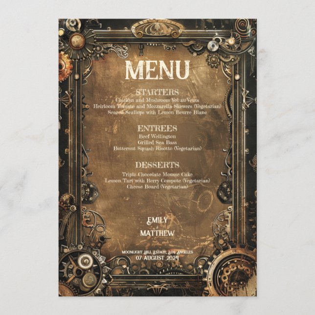 Steampunk Noir Affair Bröllop Menu Meny (Framsida)