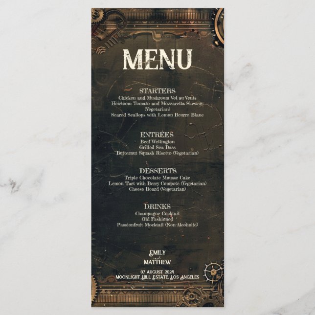 Steampunk Noir Affair Bröllop Menu Meny (Framsida)