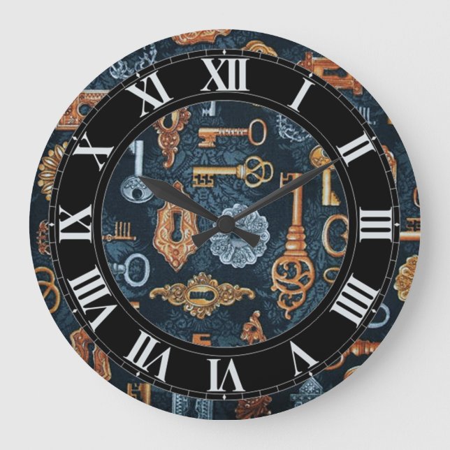 Steampunk Nycklar och Nyckel Hål Mönster Wall Cloc Stor Klocka (Framsida)