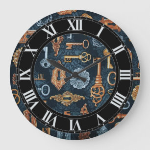 Steampunk nycklar och väggen för nyckelhålmöns stor klocka