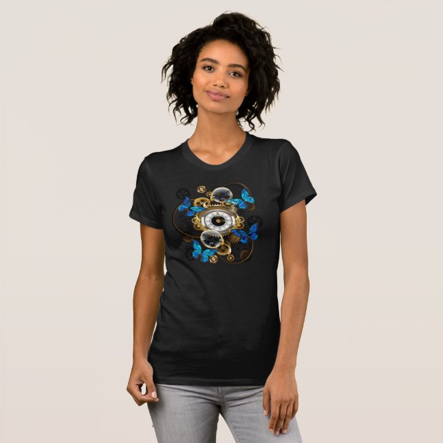 Steampunk och blå fjärilar t shirt (Hel framsida)