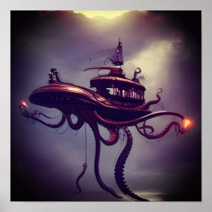 Steampunk Octopus Frakt Fantasy Art Poster