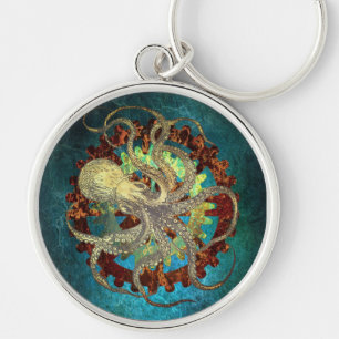 Steampunk Octopus och Clockwork Gears Rund Silverfärgad Nyckelring