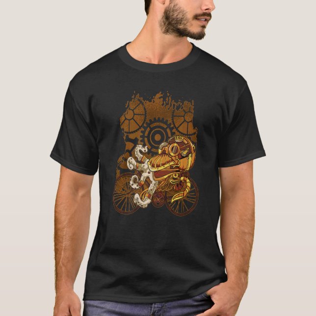 Steampunk Octopus Riding Bicycle Ocean Kraken Bike T Shirt (Framsida)