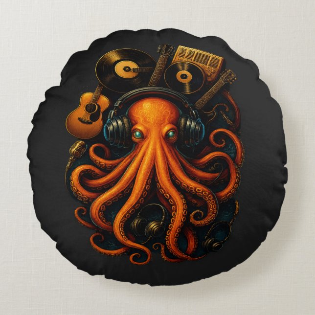 "Steampunk Octopus Round Pillow - Fantasy Music Ho Rund Kudde (Framsidan)