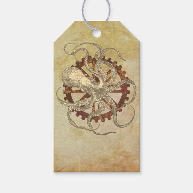 Steampunk Octopus & Rusty Clockwork Gear Presentetikett (Framsidan)