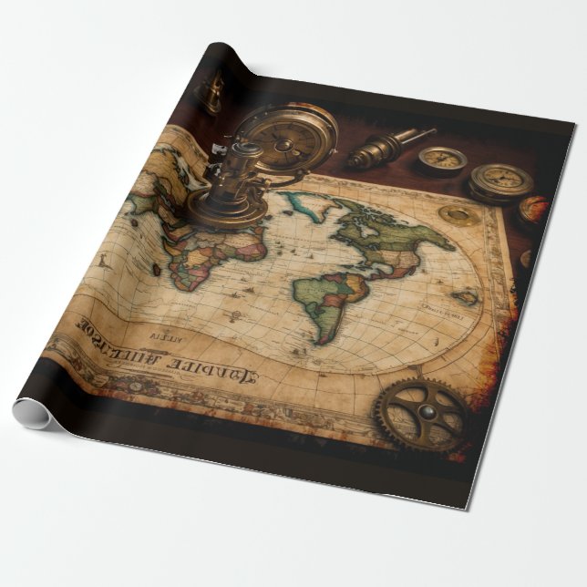 Steampunk Olde Worlde Karta Presentpapper (Utrullad)