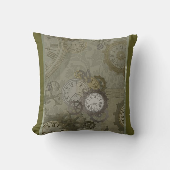 Steampunk oliv grönt utskrift kudde (Framsida)