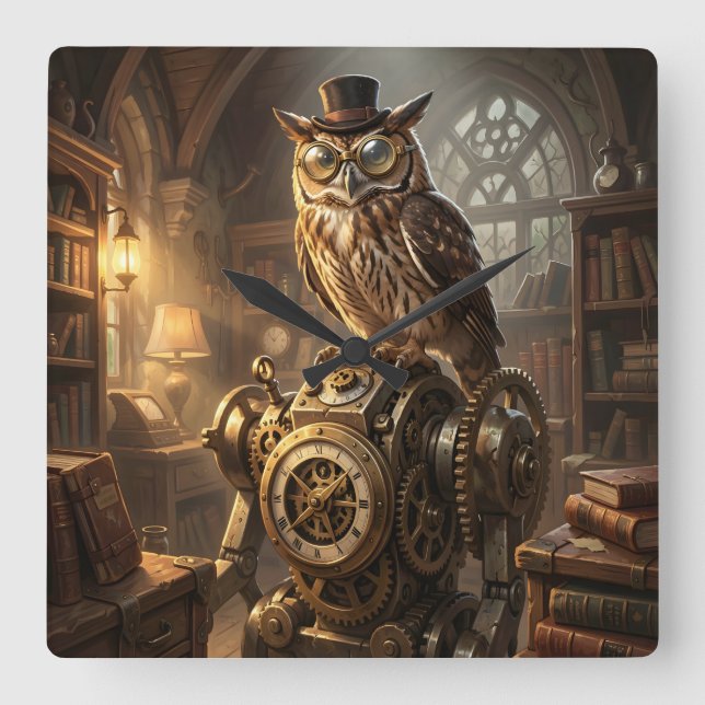 steampunk owl clockwork art clock fyrkantig klocka (Framsida)