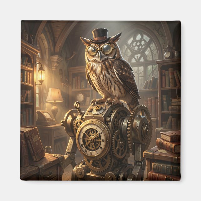 steampunk owl clockwork art magnet (Framsidan)